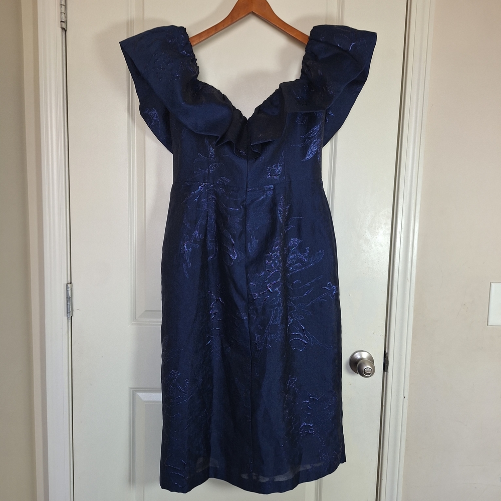 Monique Lhuillier Off The Shoulder Metallic Fil Coupe Midi Dress Size 12 - Picture 5 of 8